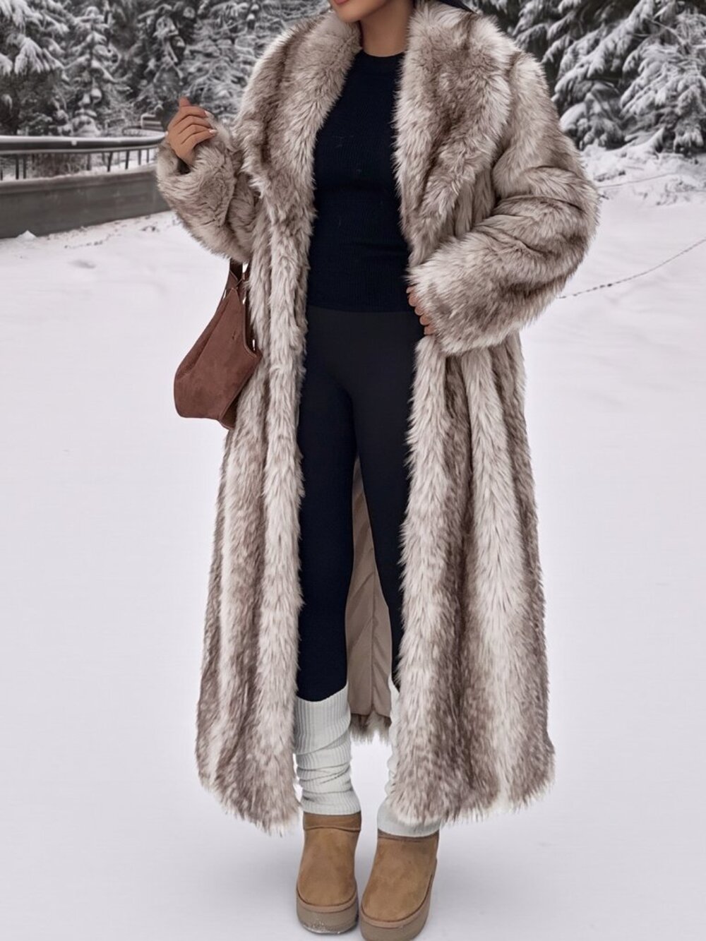 Beige Casual Women's Long Faux Fur Collar Coat